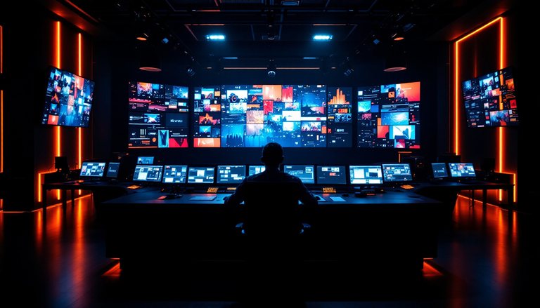 Broadcast control room: a wall of screens playing dozens of channels at once