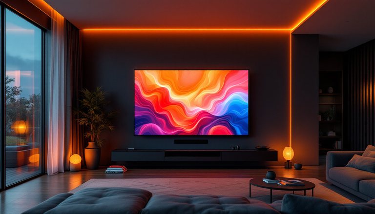 Living room at night: a large TV playing a channel from the SoFast catalog